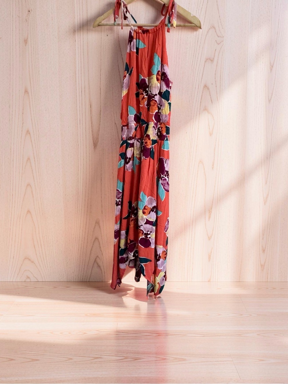 Maurices Red Floral High-Low Dress with Purple & Teal Accents